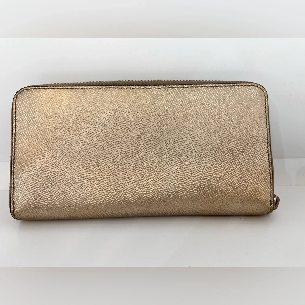 Coach Metallic Gold Beige Pebbled Leather Women's Wallet Double Zip Wallet - Picture 2 of 6